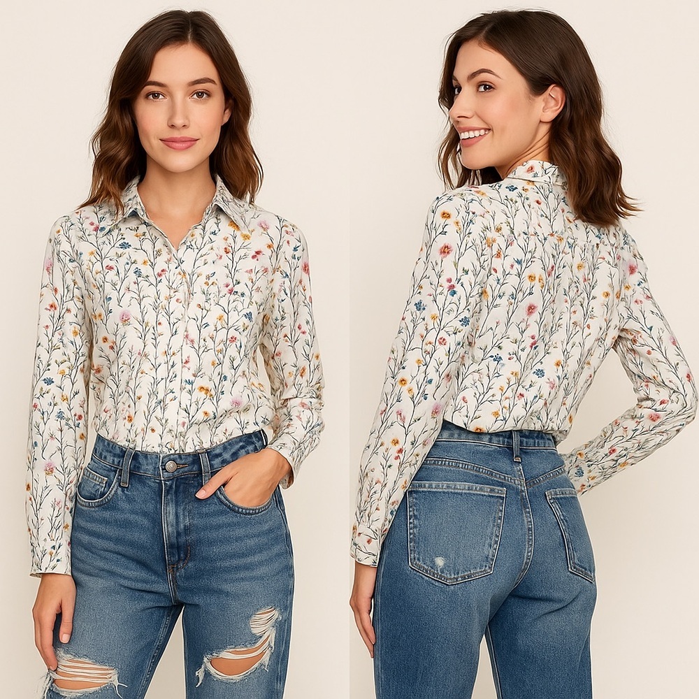 💐 SHEIN Floral Bouquet Button-Up Blouse 🌿 Size S